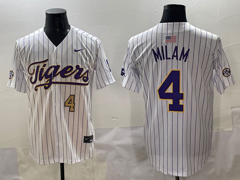 Men 2025 LSU Tigers #4 Milam White Stripe Nike Joint Name Nike NCAA Jersey style 3